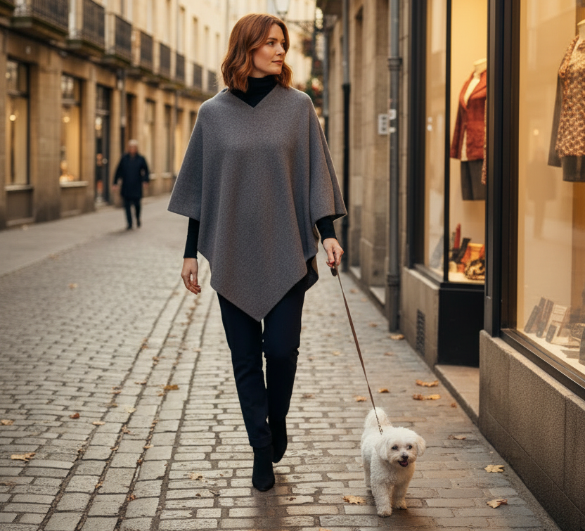 Poncho i 100% baby alpaca uld - Grå/lilla Uldplaiden.dk