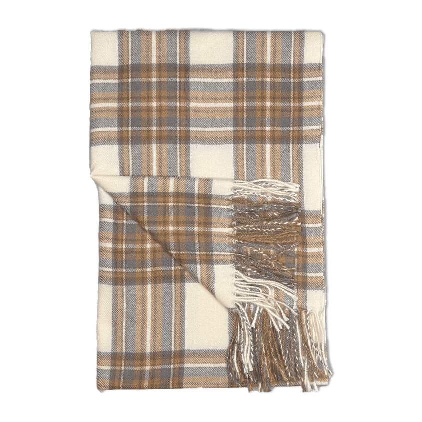 Sjal i uld - Off white tern m. grå/camel Uldplaiden.dk