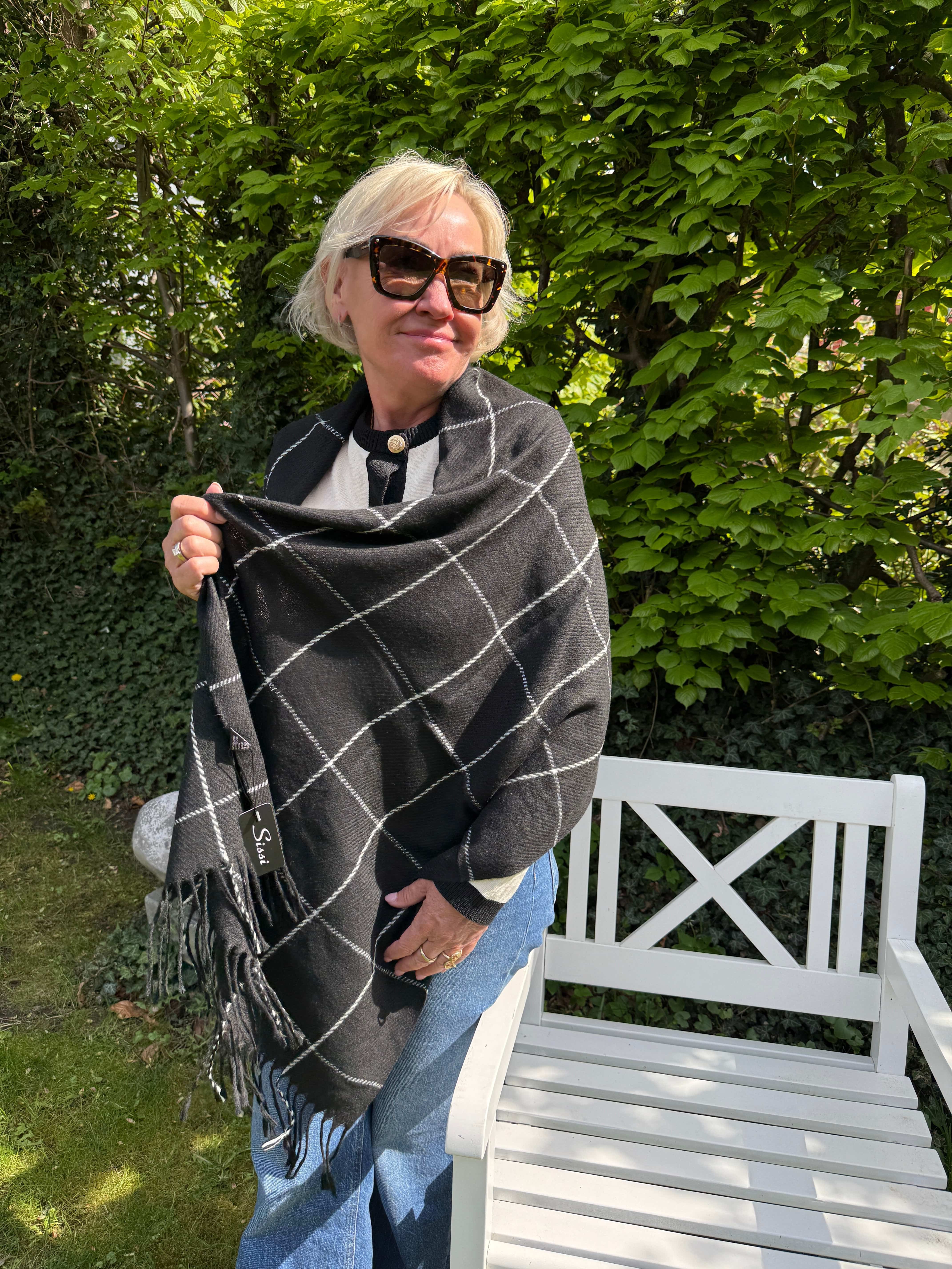 Sjal i uld - Sort m. tern Uldplaiden.dk