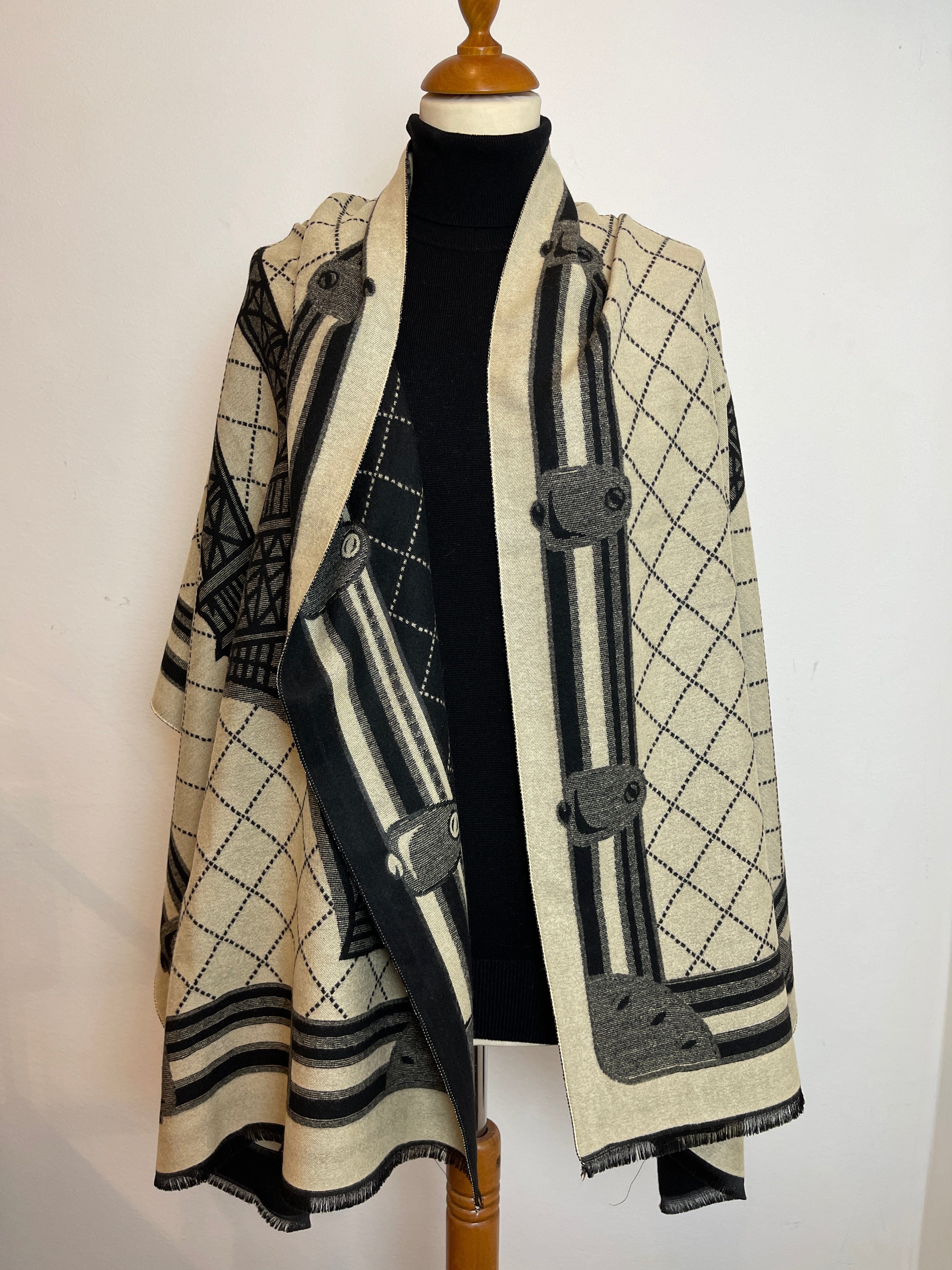 Sjal - Sort, Beige og Eiffeltårnmønster (180x65 cm) Tørklæde Uldplaiden