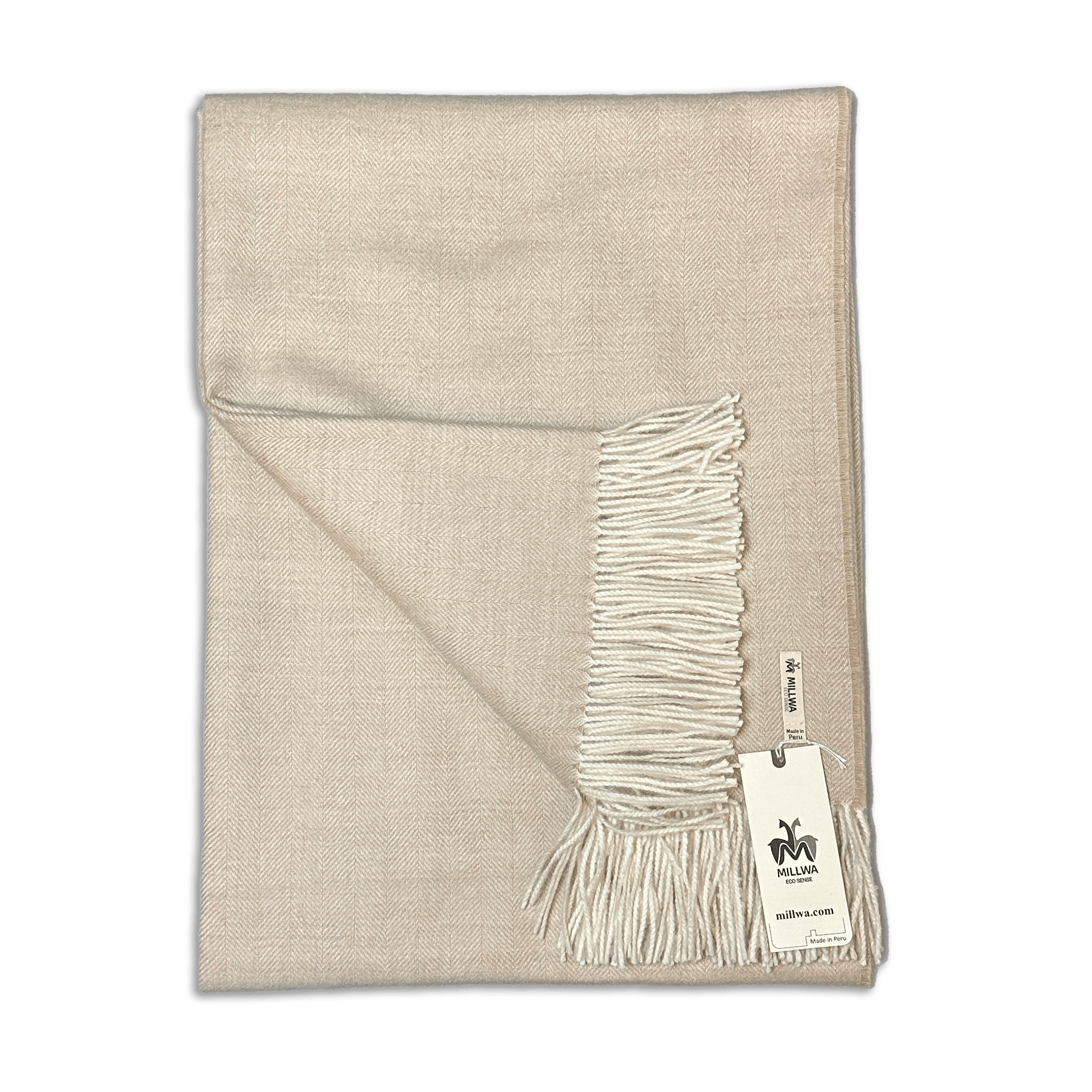 Uldplaid i 100% baby alpaca uld - Beige m. sildebensmønster (130x180 cm) Uldplaid Uldplaiden