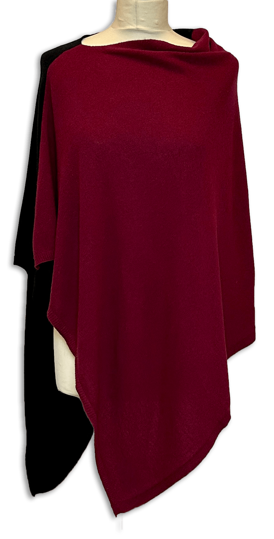 Poncho i 10% Cashmere - Sort/Bordeaux Uldplaiden.dk