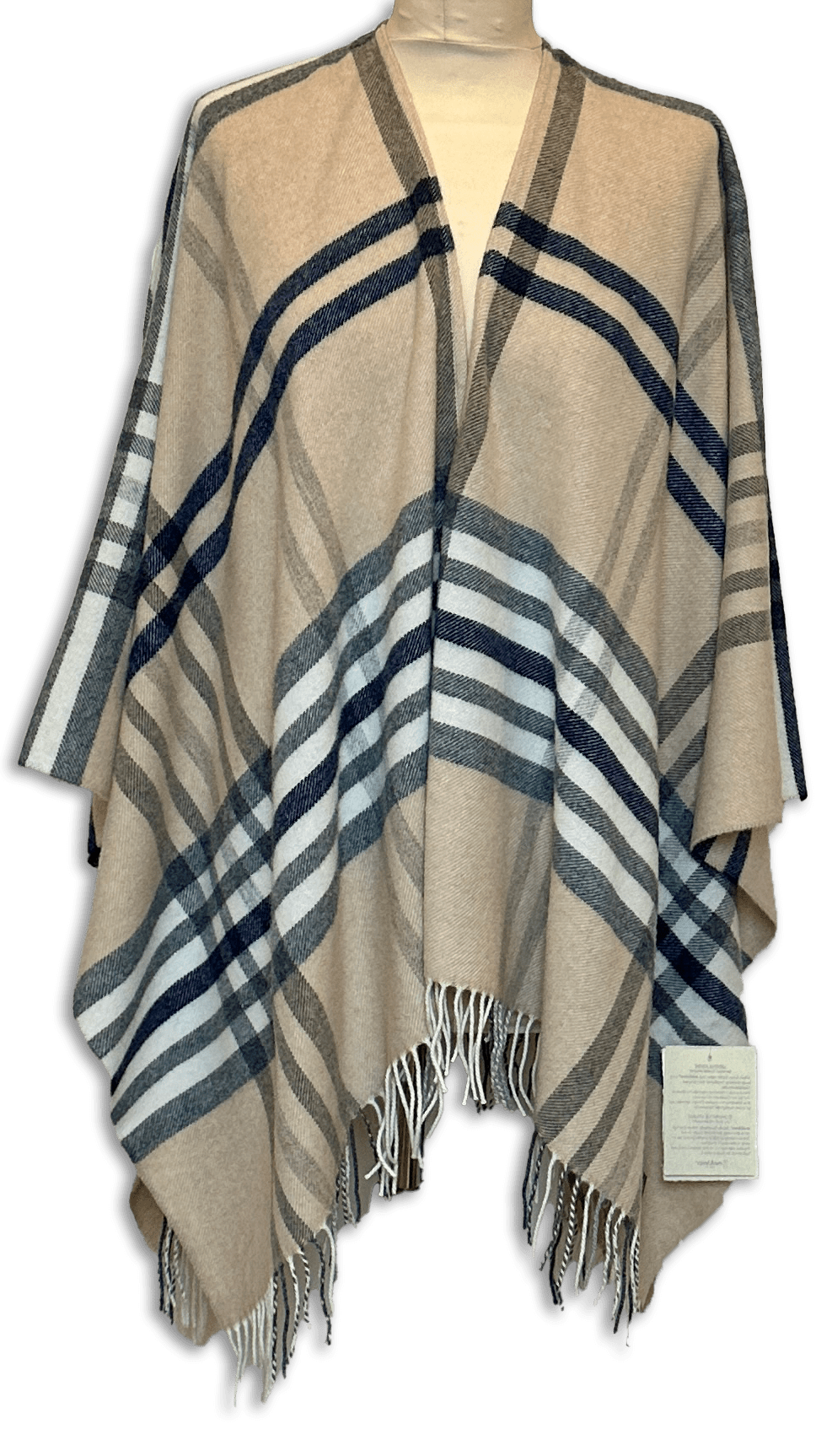 Poncho i 10% Cashmere - Beige m. blå tern Poncho Uldplaiden.dk