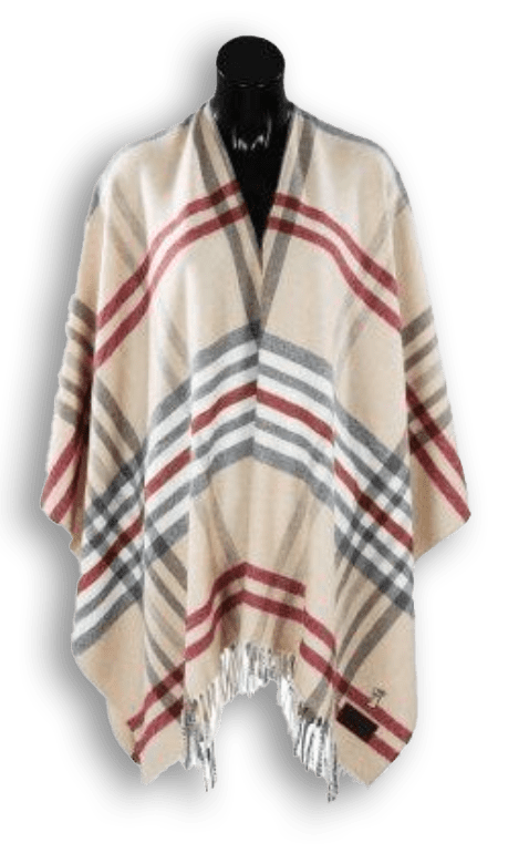 Poncho i 10% Cashmere - Beige m. røde tern Poncho Uldplaiden.dk