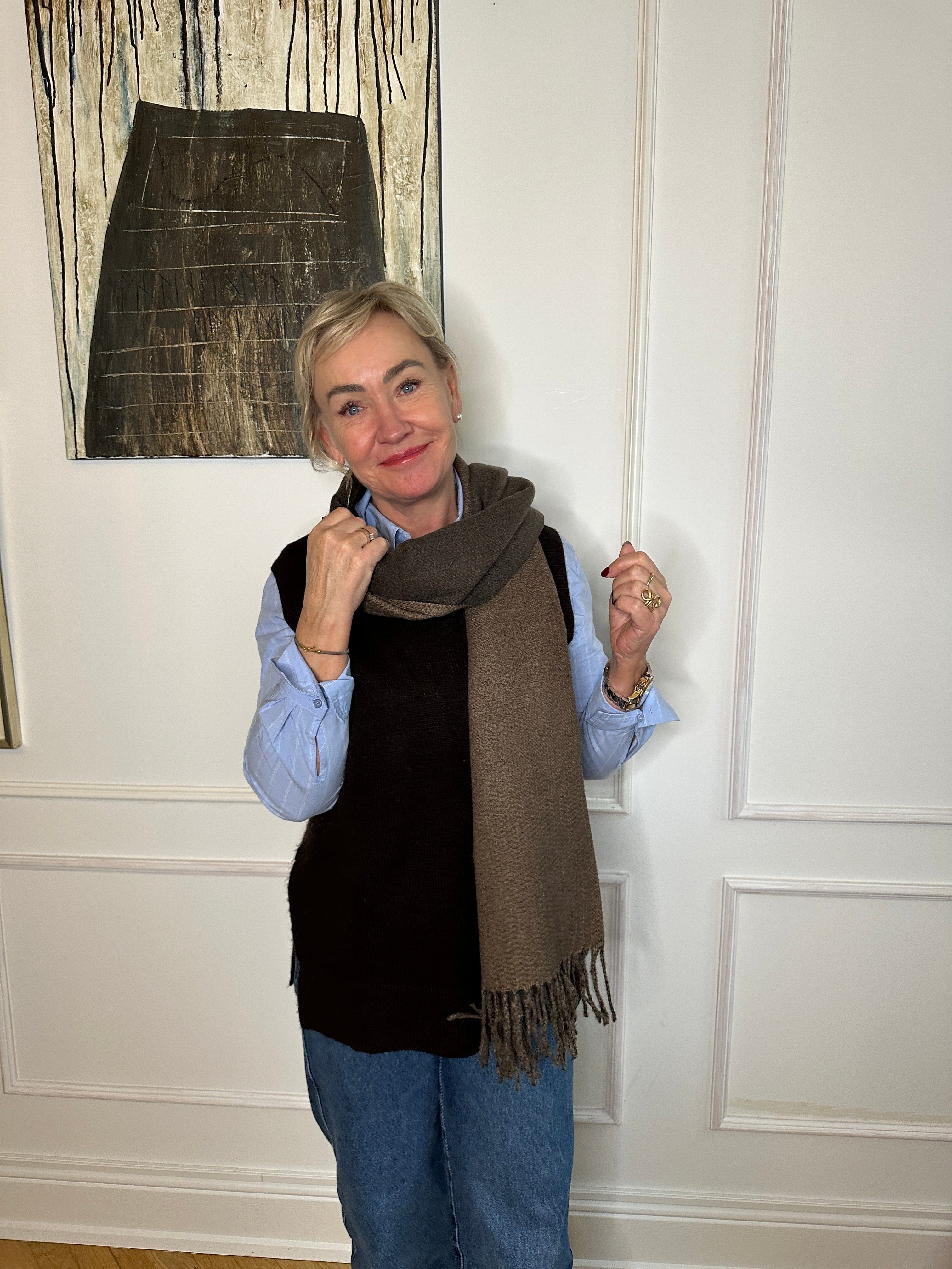 Sjal i blandet uld - Brun Uldplaiden.dk