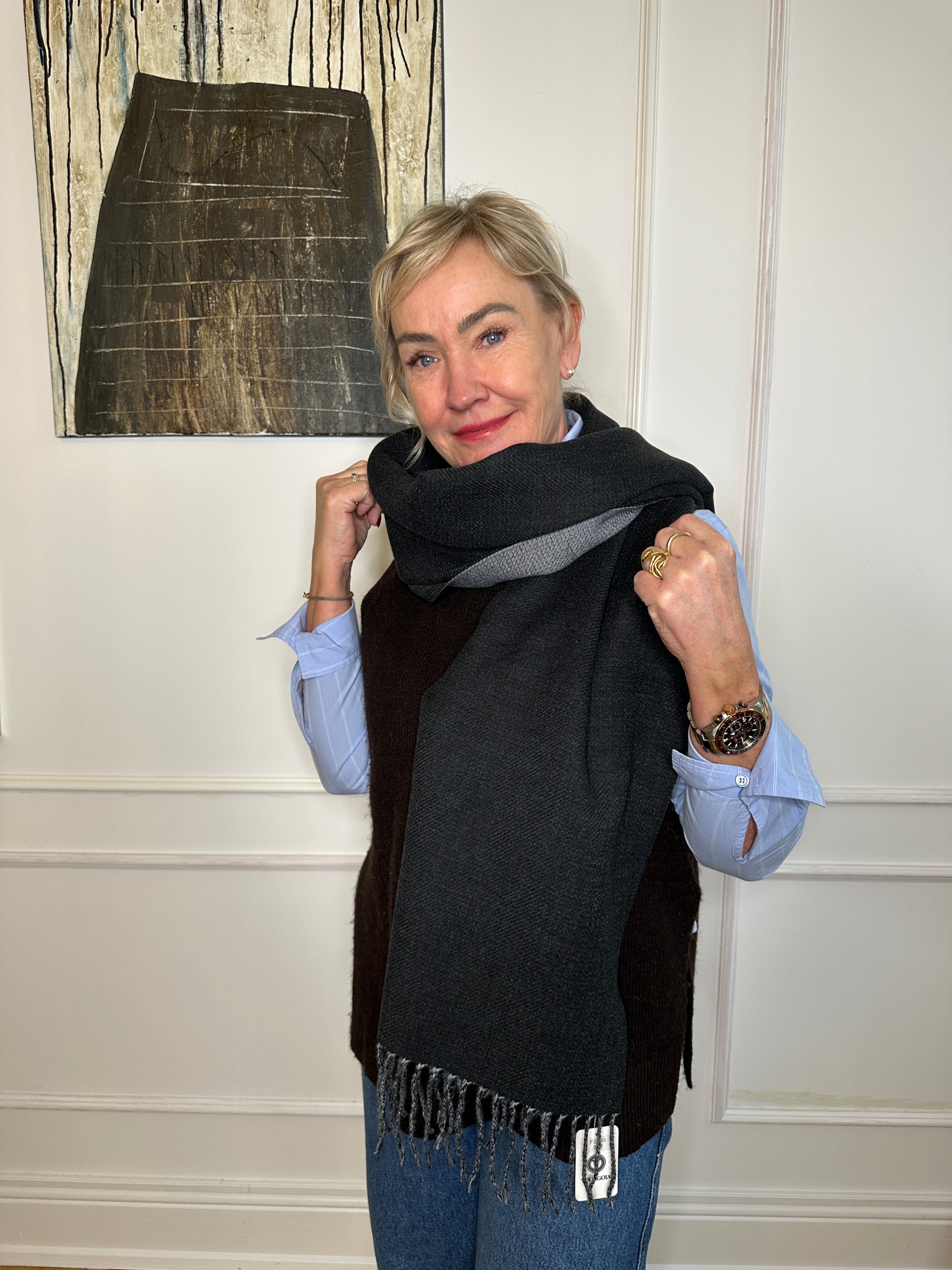 Sjal i blandet uld - Grå Uldplaiden.dk