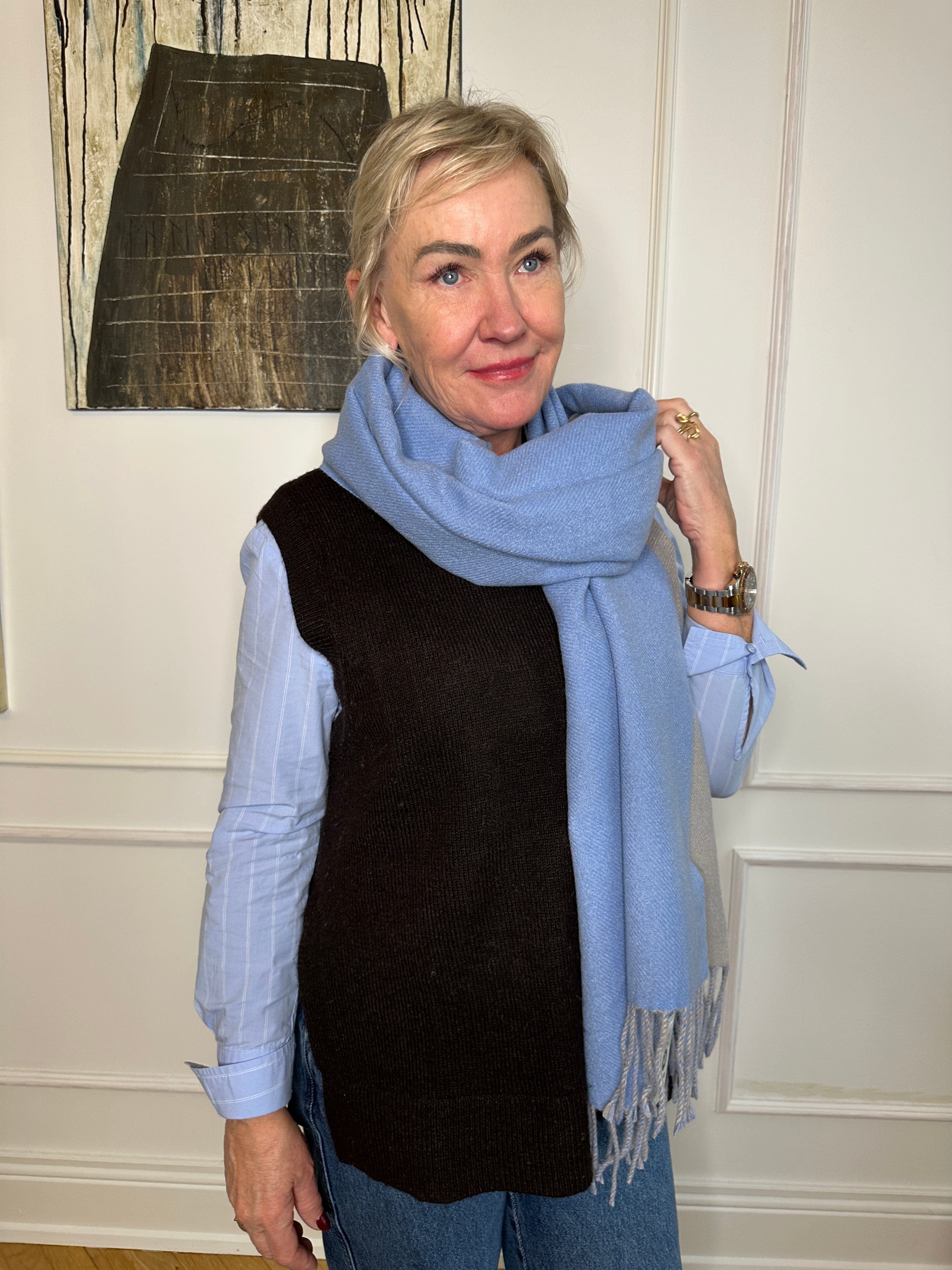 Sjal i blandet uld - Lyseblå Uldplaiden.dk