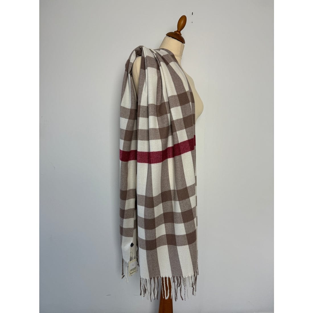 Sjal i uld - Tern off white, camel/bordeaux Uldplaiden.dk