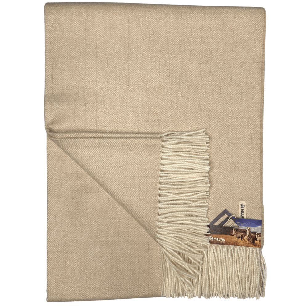 Uldplaid i 100% baby alpaca uld - beige eco m. sildebensmønster Uldplaid Uldplaiden