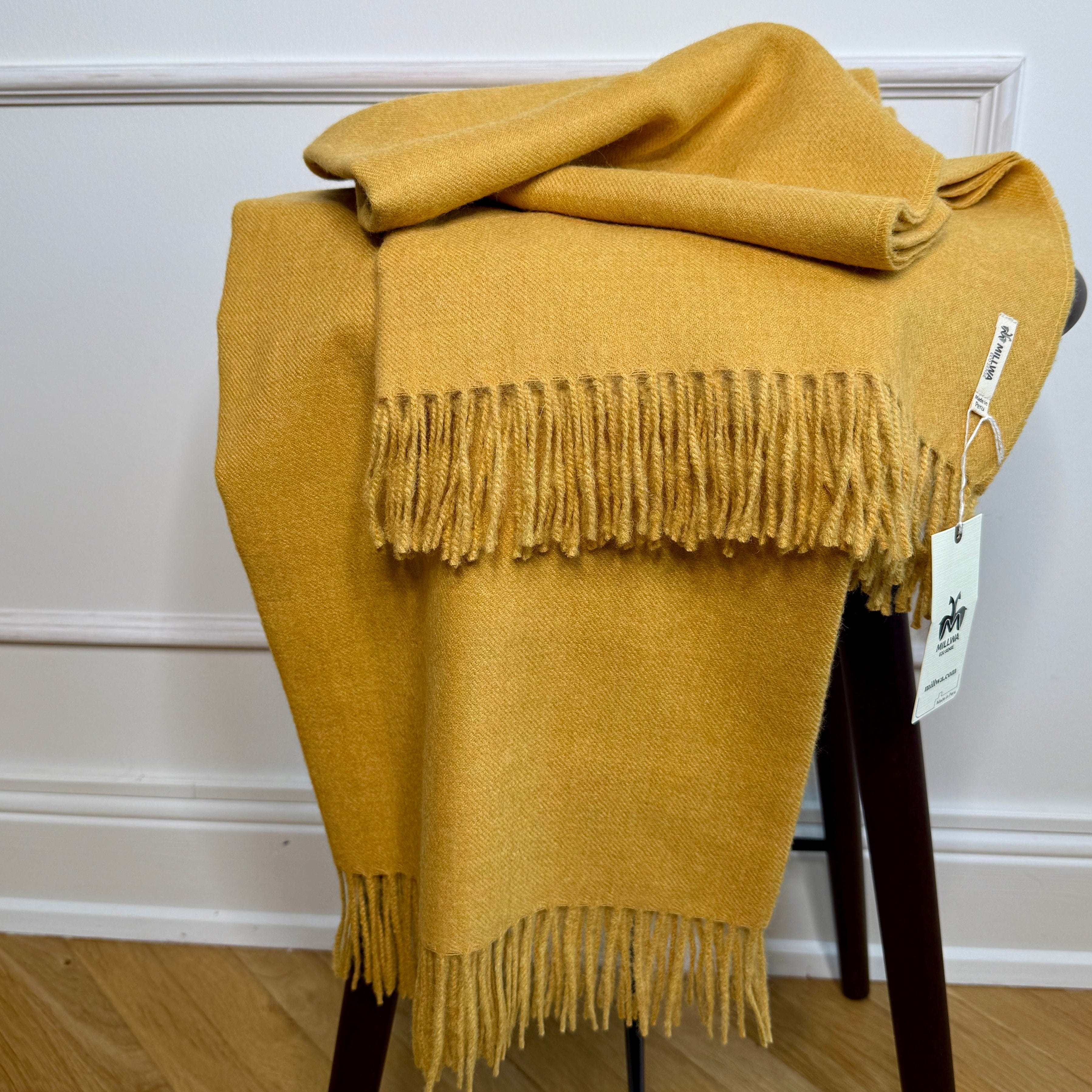 Uldplaid i 100% baby alpaca uld - Mustard gul melange(130x180 cm) Uldplaid Uldplaiden