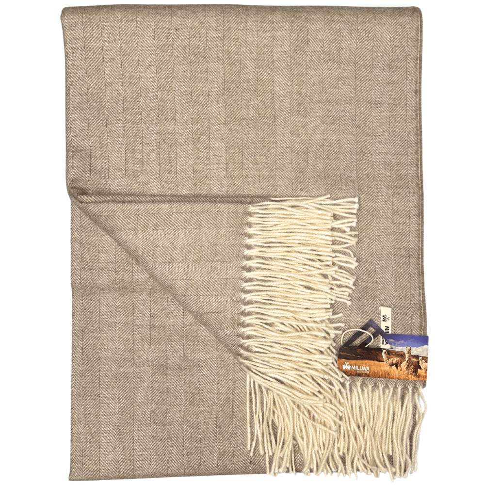 Uldplaid i 100% baby alpaca uld - sand m. sildebensmønster Uldplaid Uldplaiden